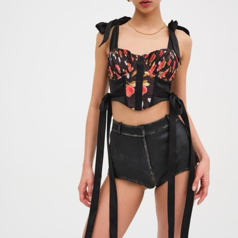 NWT For Love & Lemons Eugene Corset Top Black Floral Tie Straps Size XS